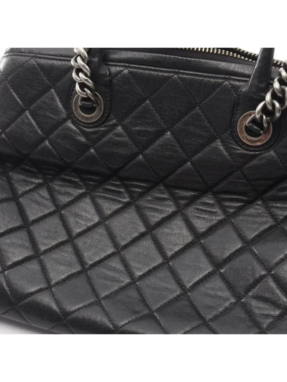 Chanel Tote Bag Quilted Antique Silver 2-Way Black Leather Chain